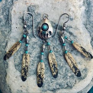 Silver Bear Claw & Bone Feather Pendant & Earrings